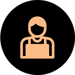 Simple orange icon of a person with a neutral expression on black background.