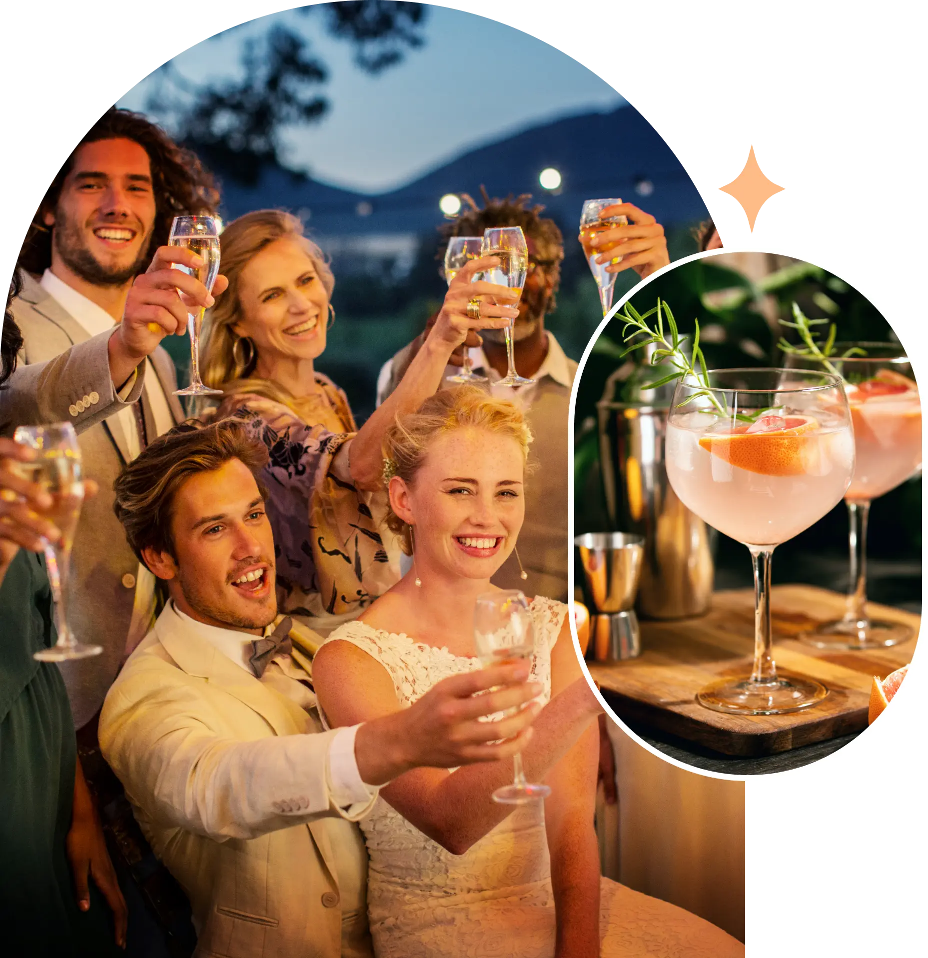 Group of friends toasting with cocktails at an outdoor gathering.