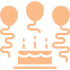 Illustration of a birthday cake with three balloons and streamers.