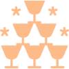 Stylized champagne glasses arranged in a festive pyramid with stars.