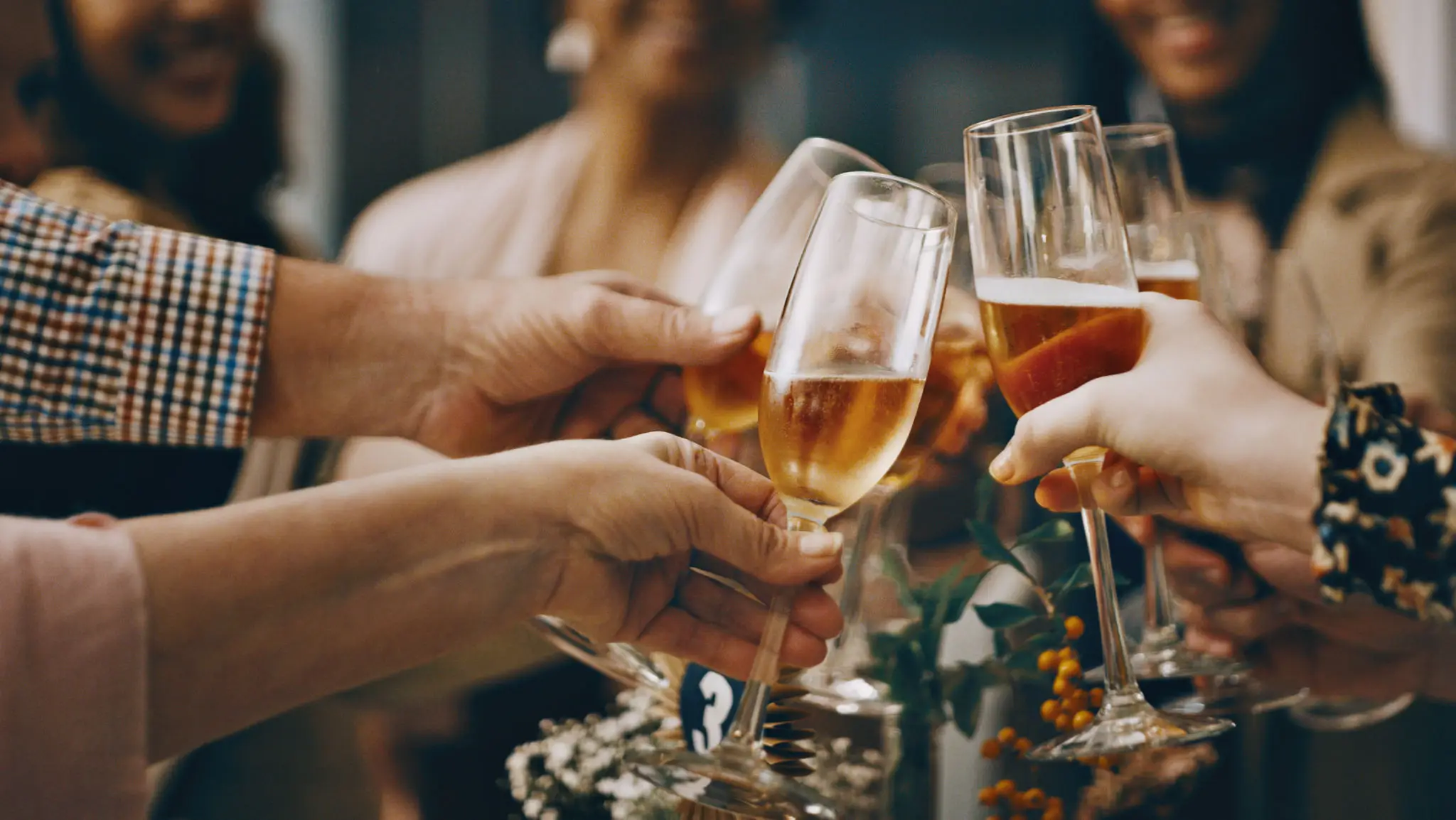 People clinking glasses in a celebratory toast.