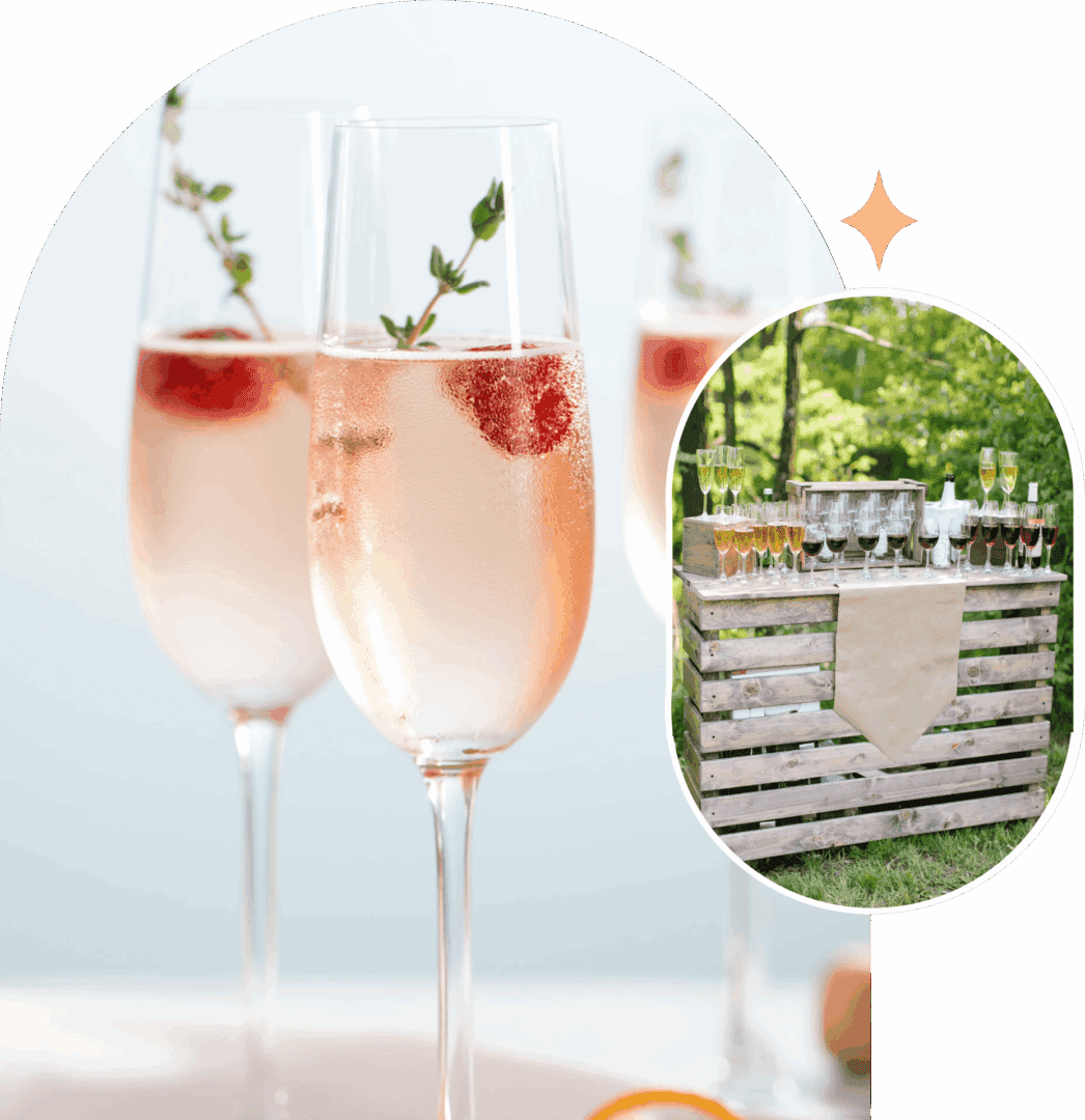 Two elegant cocktails garnished with herbs and berries.